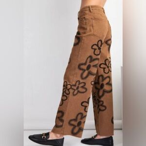 -NWT-Easel Los Angeles Wide Leg Brown w/Flowers Hippy Pants Raw Hem Womens Large
